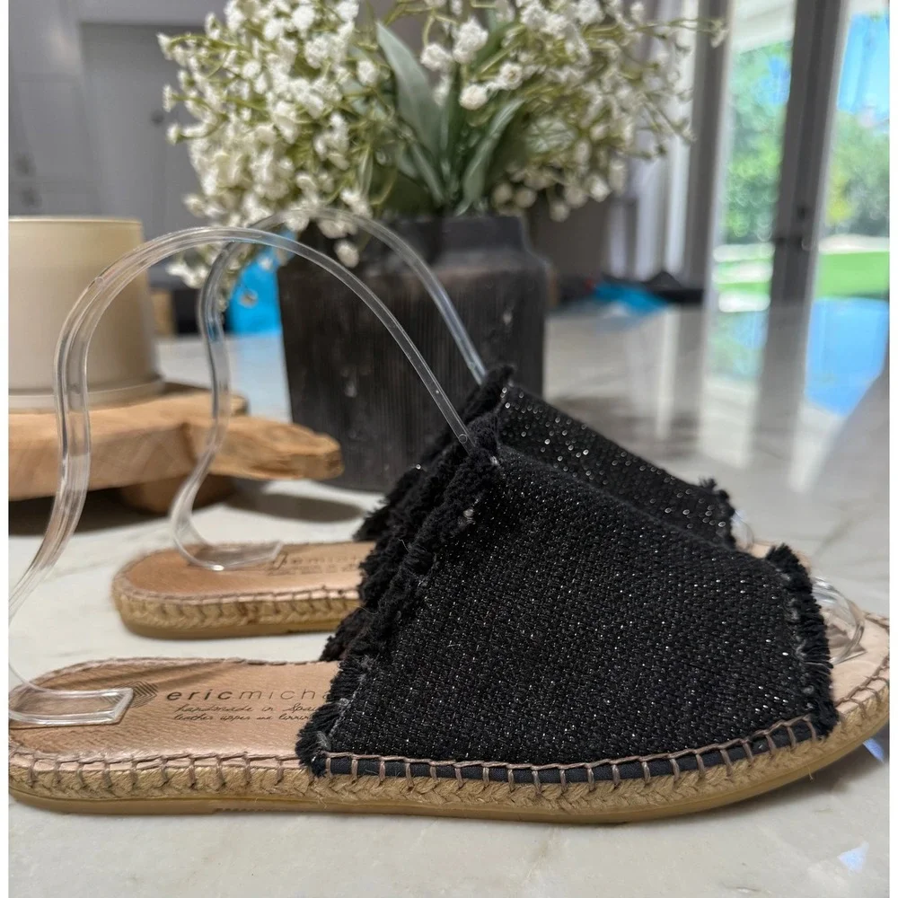 Eric Michael Handmade in Spain Black Shimmer Fringe Espadrille Slides Sz 39 8.5